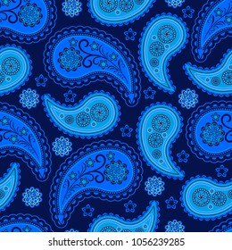 Seamless vector pattern based on traditional oriental paisley elements, Indian cucumber, buta. Background in blue tones, suitable for textiles, wallpapers, wrapping paper and other printed purposes.