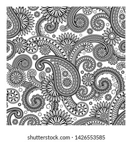 Seamless vector pattern based on traditional oriental paisley elements, Indian cucumber, Buta. Black pattern on a white background, suitable for textiles, fabrics, wallpapers, wrapping paper.