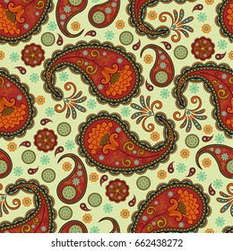 Seamless vector pattern based on traditional oriental elements paisley, Indian cucumber, buta. Background colorful, suitable for textiles, wallpaper, wrapping paper and other printing purposes.