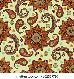 Seamless vector pattern based on traditional oriental elements paisley, Indian cucumber, buta. Background colorful, suitable for textiles, wallpaper, wrapping paper and other printing purposes.