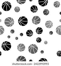Seamless vector pattern with basketball symbols, creating a creative monochrome background with rotated elements. Vector illustration on white background