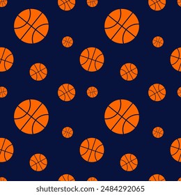 Seamless vector pattern with basketballs on a dark blue background.