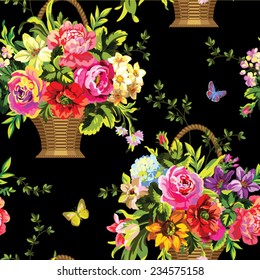 seamless vector pattern with baskets of flowers on a black background