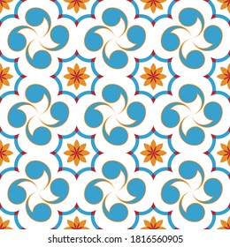 Seamless vector pattern with Basque cross Lauburu. Spanish style digital tapestry, textile print.