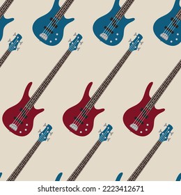 Seamless vector pattern with bass guitars. Color background with musical instruments. Red and blue bass guitars. Vector illustration.