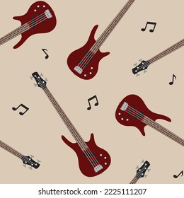 Seamless vector pattern with bass guitars and notes. Color background with musical instruments. Vector illustration.