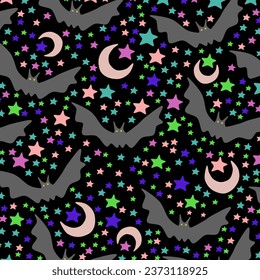 Seamless vector pattern bats, stars and moons on dark background.