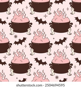 Seamless vector pattern with bats and witch cauldron on animal paws. Cooking pot with boiling brew on pink background. Halloween magic potion texture. Witchcraft wallpaper, wrapping paper, textile