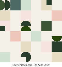 Seamless Vector Pattern with Bauhaus Geometric Shapes in Pastel Colors and Dark Green Accents