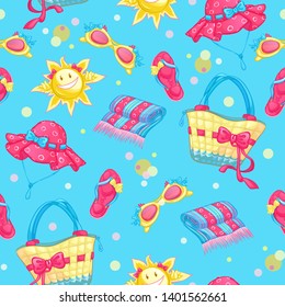 Seamless vector pattern with beach accessories: panama, sunglasses, beach sandals, towel, sun, beach bag on a blue background.