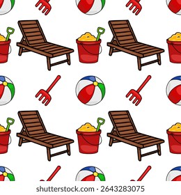 Seamless vector pattern of beach chairs, beach balls, buckets, and sand toys, perfect for summer-themed designs and prints.