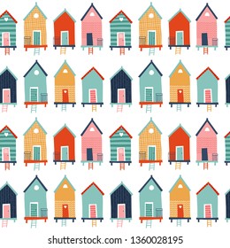 Seamless vector pattern: beach huts. For typography poster, card, label, brochure, flyer, page, banner design. Vector illustration background. Pink, blue and green.