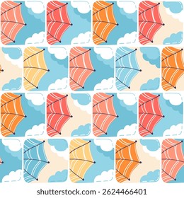Seamless vector pattern with beach umbrellas in a simple hand-drawn style.