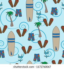 seamless vector pattern beach vacation surf board palm tree swim trunks bikini blue tropical background