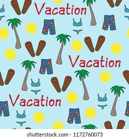 seamless vector pattern beach vacation words palm trees sun swimsuit bikini blue yellow red tropical