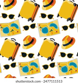 Seamless vector pattern with beach-themed elements sunglasses, suitcase, map, and hat. Ideal for fabric prints, wallpapers, and summer-themed designs.