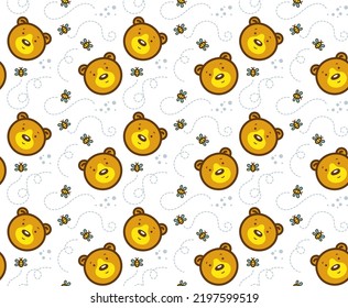 Seamless vector pattern with a bear and a bee on a white background