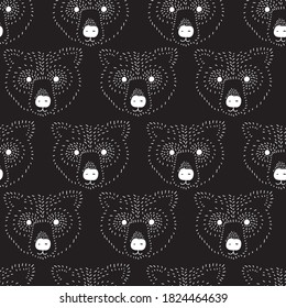 Seamless vector pattern bear head white on black. Bear face monochrome background. Minimalistic Scandinavian style animal design for kids decor, fabric, children fashion, hipster, wrapping, wallpaper