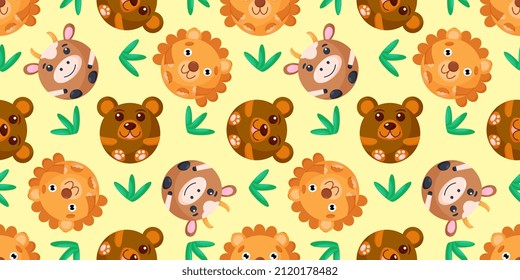 Seamless vector pattern of bear, lion, cow. Round sheep, cat, owl on background