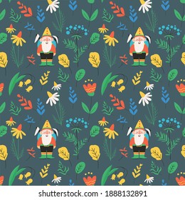 Seamless vector pattern with bearded gnomes, elves, plants, leaves and flowers on dark background.  Childish flat vector illustration. Wrapping paper. 