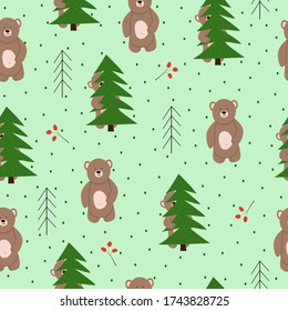 Seamless vector pattern with bears in the forest. Scandinavian style.