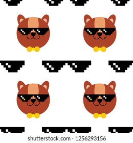 Seamless vector pattern with bears in pixel glasses on white background. Cute cartoon. Can be used for wallpaper, textile, invitation card, wrapping, web page background.