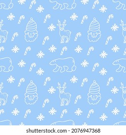 Seamless vector pattern with bears and reindeer in white line on blue isolated background.Decorative,festive,repeating hand drawn style print.Design for textiles,wrapping paper,packaging,fabric.