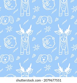 Seamless vector pattern with bears and reindeer in white line on blue isolated background.Decorative,festive,repeating hand drawn style print.Design for textiles,wrapping paper,packaging,fabric.