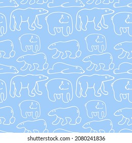 Seamless vector pattern with bears in white line on blue isolated background.Decorative,festive,repeating hand drawn style print.Design for textiles,wrapping paper,packaging,fabric.