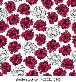 seamless vector pattern with beautiful alternate purple and white peony flowers as gentle floral background