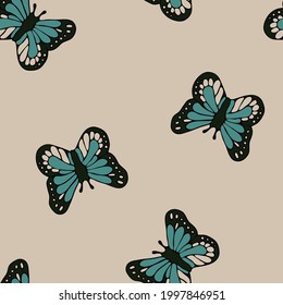 Seamless vector pattern with beautiful butterflies on cream white background. Simple hand drawn summer wallpaper design. Decorative vintage fashion textile.