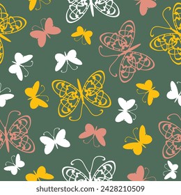 Nahtloses Vektormuster mit schönen Schmetterlingen auf grünem Hintergrund. Einfaches Sommer Bug Tapeten-Design. Dekorative Happy Season Fashion Textil.
