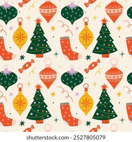 Seamless vector pattern with beautiful Christmas decoration, tree, socks, winter holiday elements, retro Xmas gift box, present. Cartoon flat illustration for wrapping paper, wallpaper