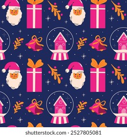 Seamless vector pattern with beautiful Christmas decoration, wreath, Santa Claus, winter holiday elements, retro Xmas gift box, present. Cartoon flat illustration for wrapping paper, fabric design