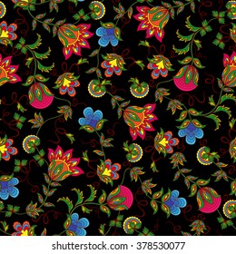 Seamless vector pattern with beautiful colourful flowers on the black background