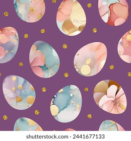 Seamless vector pattern with beautiful decorated eggs and gold sparkles. Background for design of packaging, covers, cards for Easter.