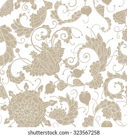 Seamless vector pattern with beautiful delicate flowers and romantic curls.Can be used for fabrics, wallpapers, greeting and invitation cards, stickers, ornamental template for design and decoration. 