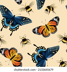 Seamless vector pattern with beautiful different butterflies and bumblebee. Contemporary composition for print. 