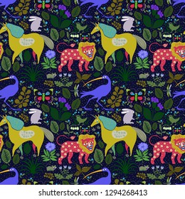 Seamless vector pattern with beautiful fairytale animals, unicorns, lions, birds and insects that walk among trees and plants