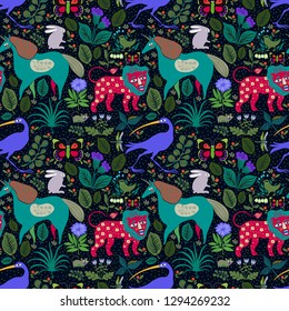 Seamless vector pattern with beautiful fairytale animals, oriented for textiles, wallpaper and fabrics.