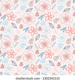 Seamless vector pattern with beautiful floral design. Colorful hand drawn decorative flowers and leaves on lemonade pink background. Perfect for wallpaper, fabric, wrapping paper, decor, etc.