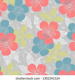 Seamless vector pattern with beautiful floral design.  Pastel hand drawn decorative flowers and leaves on grey background. Perfect for wallpaper, fabric, wrapping paper, decor, etc.