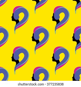 Seamless vector pattern with beautiful girl icons, colorful conceptual logo design. Woman's face with modern hairstyle.