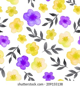 seamless vector pattern of beautiful hand painting watercolor flowers and black leaves