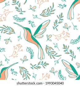 Seamless vector pattern with beautiful hummingbirds on white background. Simple pastel tropical wallpaper design. Decorative summer fashion textile.