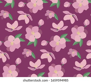 Seamless vector pattern with beautiful magnolia flowers. Hand drawn nature painting. For wrapping, fabric, wallpaper. On a dark pink background