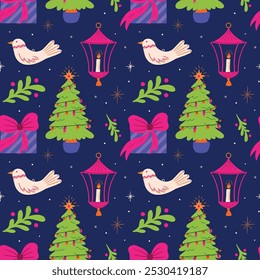 Seamless vector pattern with beautiful ornament, baubles winter holiday decorations for Christmas tree, retro Xmas gifts, mistletoe cartoon flat illustration, design elements for wrapping paper decor