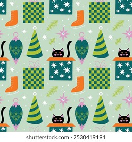 Seamless vector pattern with beautiful ornament, baubles winter holiday decorations for Christmas tree, retro Xmas gifts, cat cartoon flat illustration, design elements for wrapping paper decor