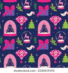 Seamless vector pattern with beautiful ornament, baubles winter holiday decorations for Christmas tree, retro Xmas gifts, snow ball, mistletoe cartoon illustration, design elements, wrapping paper