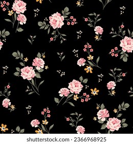 seamless vector pattern of beautiful pink rose and green leaves. floral pattern